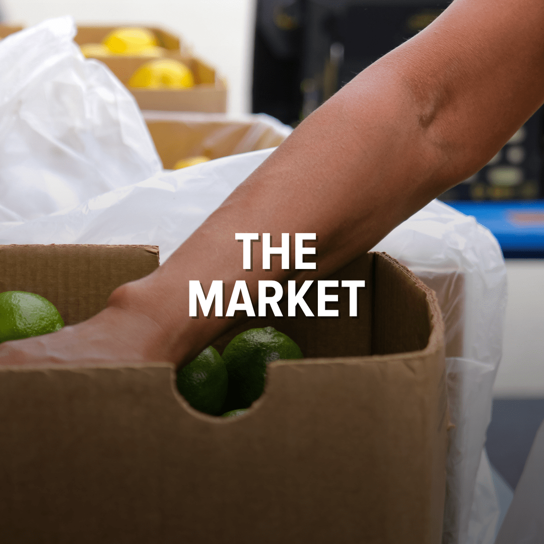 Outreach Page Updates Person picking fresh limes from a box at community food market